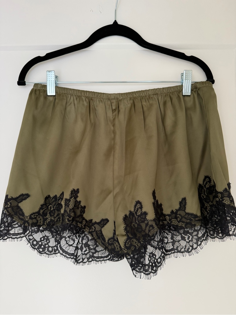 AKIRA Olive Green Satin Sleep Shorts with Black Lace Hem